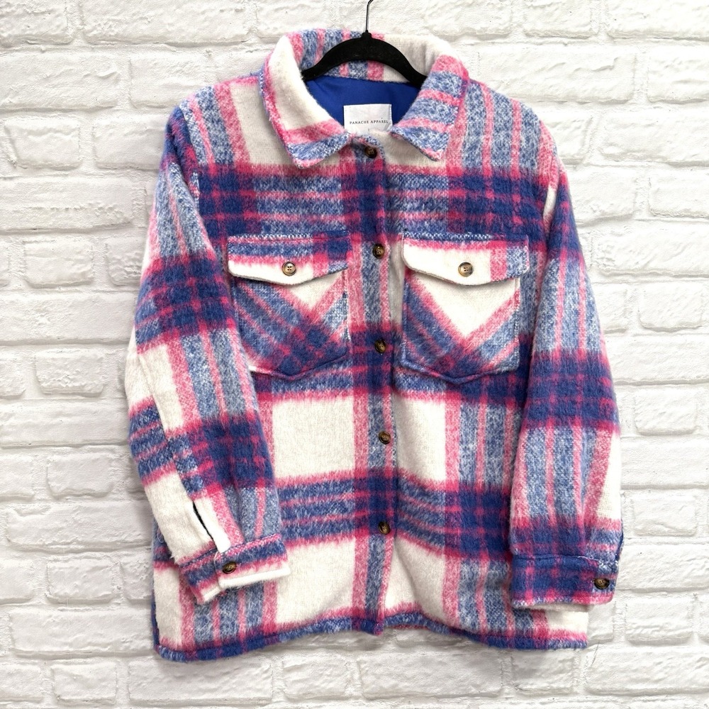 Panache Apparel Wool Blend Shacket‎ Fuchsia Pink Buffalo Plaid Button Up Top NEW